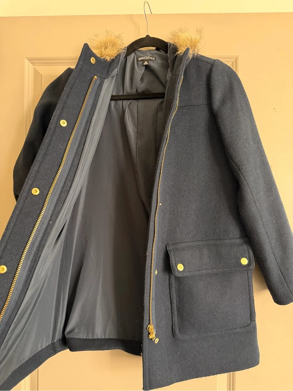 J. Crew Navy Wool-Blend Pea Coat with Faux Fur Hood Trim
